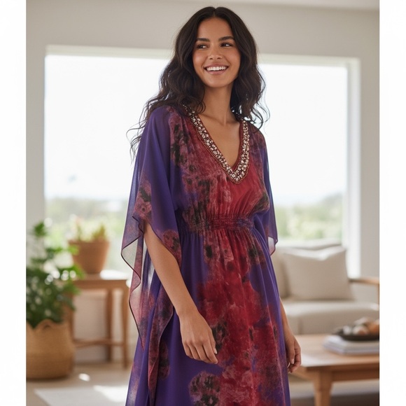 New Cynthia Rowley Boho Beach Coverup Beaded V-Neck Kaftan Tunic Dress Small - Picture 2 of 5